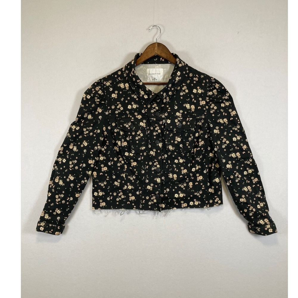 Celebrity Pink Denim Jacket Womens XXL Black Floral‎ Puff Shoulder Raw Hem